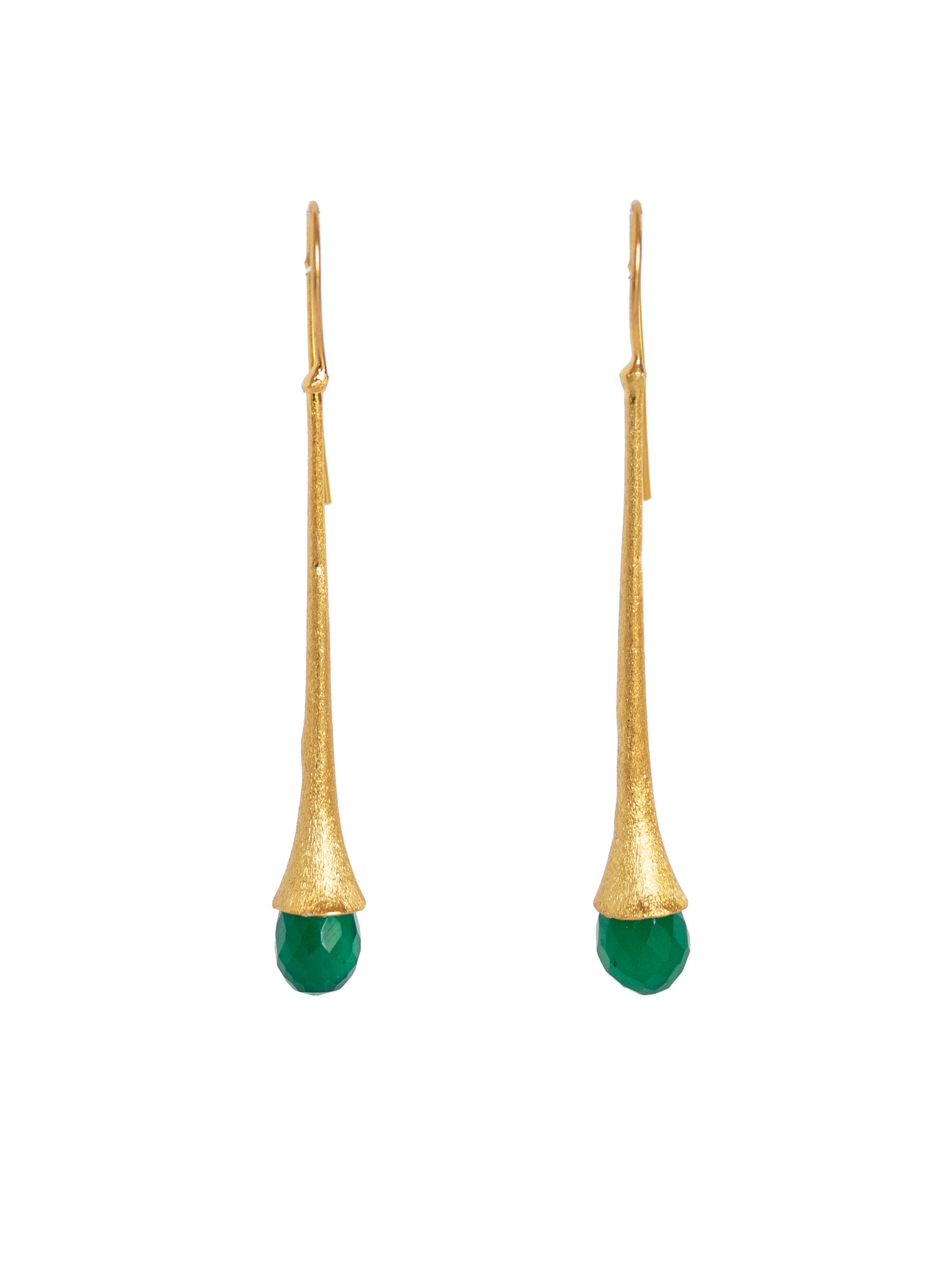 Lean and long gold tulip shaped earrings with a briolette cut jade stone