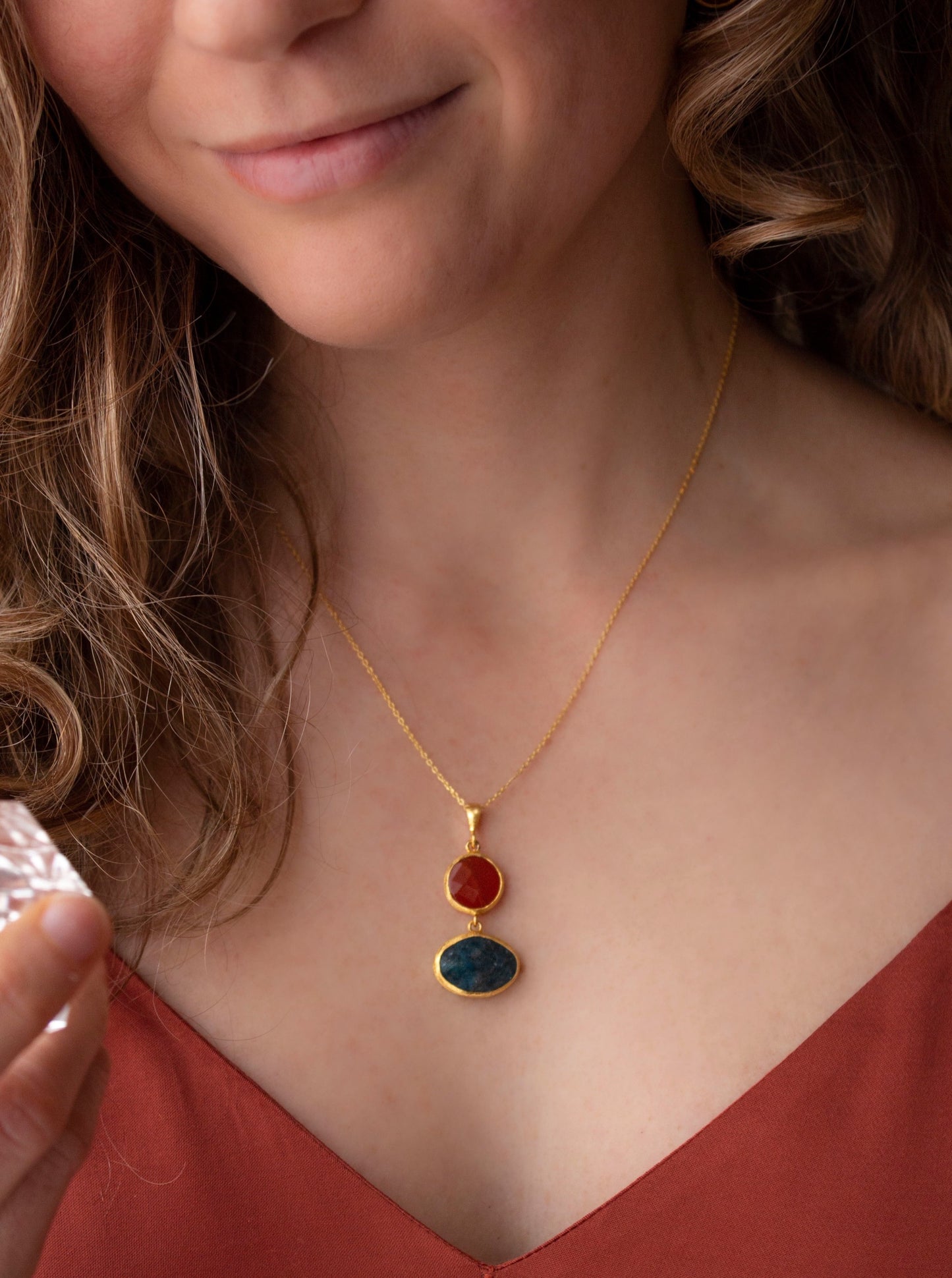 Apatite and agate, gold framed double necklace