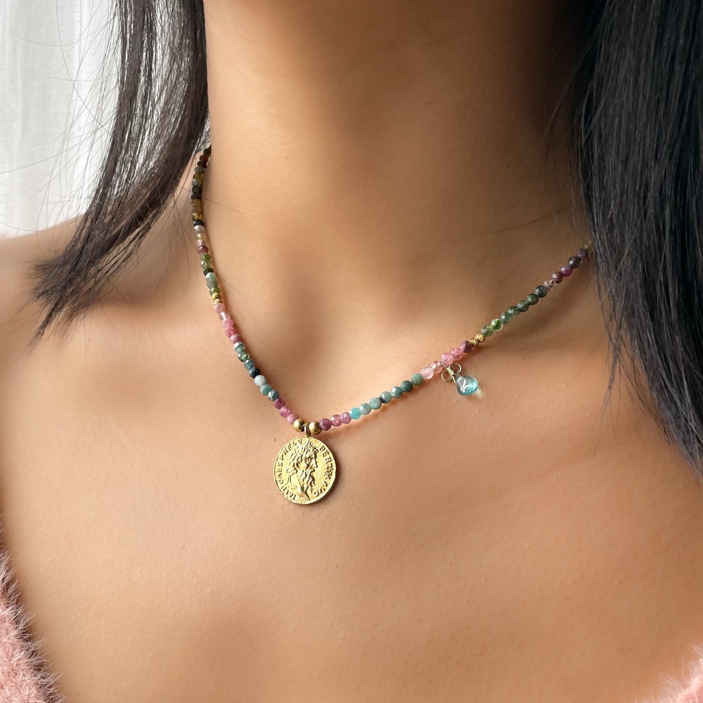 Tourmaline and aquamarin necklace with double sided Zeus coin replica.