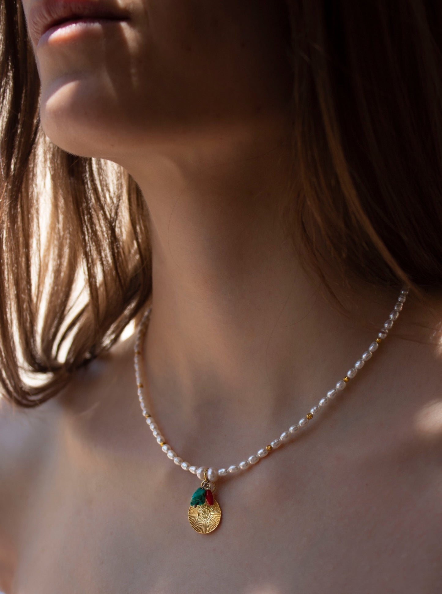 Cybele the beautiful goddess necklace with pearls, corals and turquoise gemstone