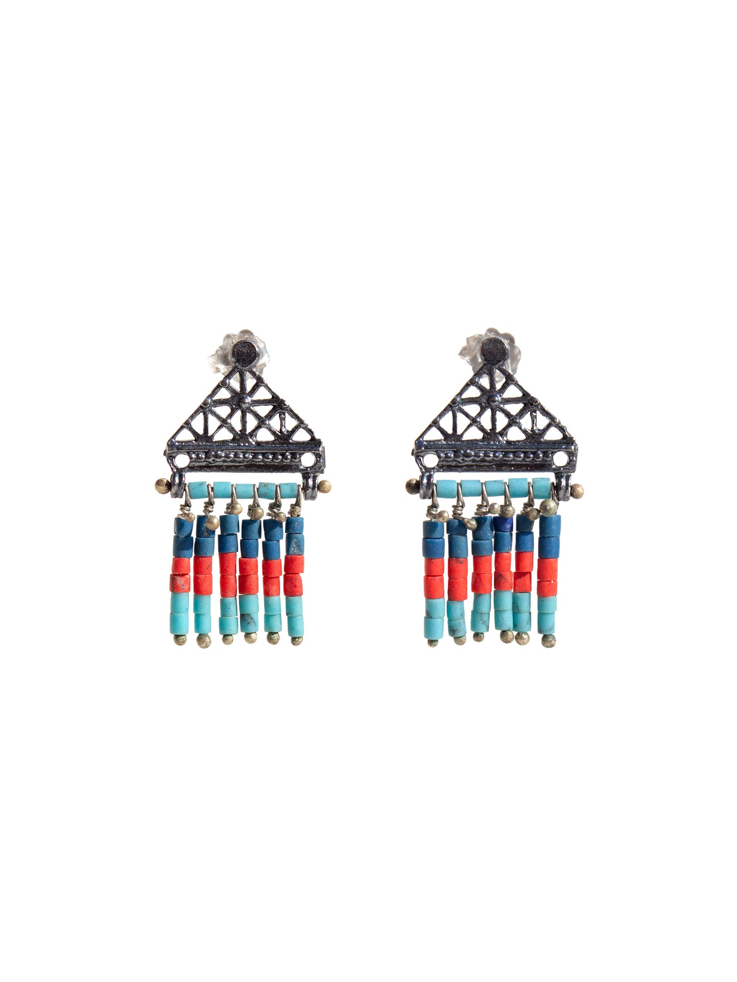 Mythological earrings with coral lapis lazuli and turquoise lining