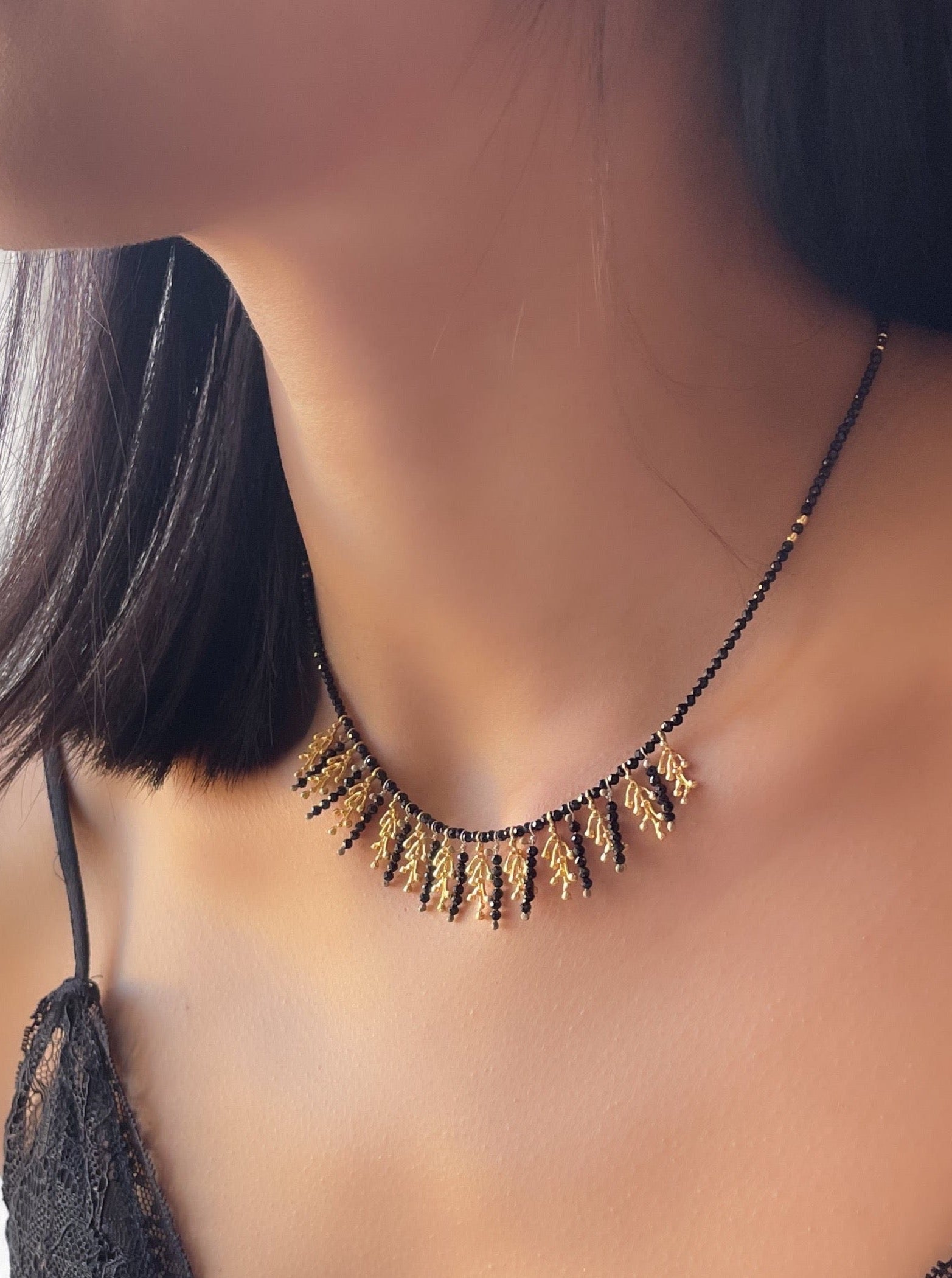 Hecate Necklace Onyx gemstones, Gold leaves