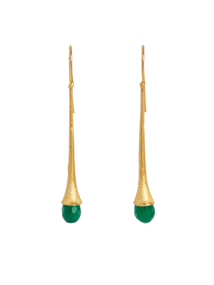 Lean and long gold tulip shaped earrings with a briolette cut jade stone