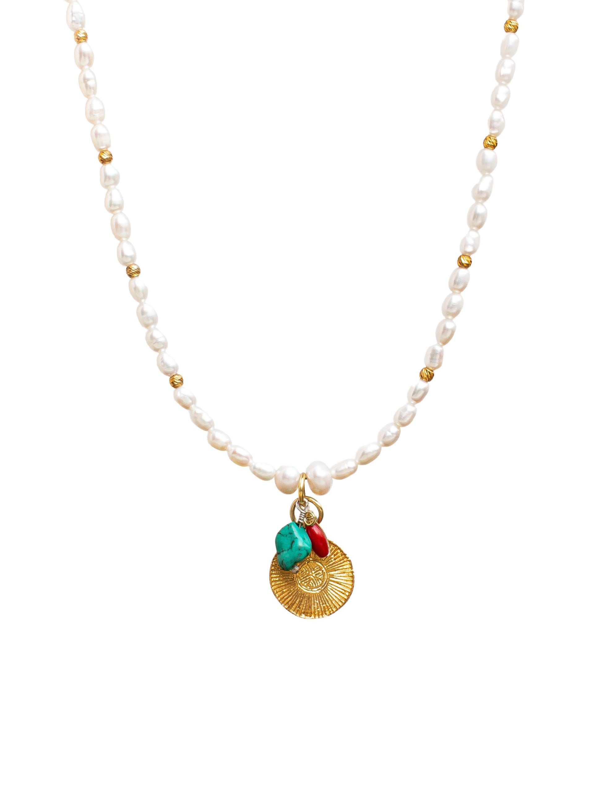 Pearl necklace with a coral and turquoise gemstone, sun shaped gold pendant