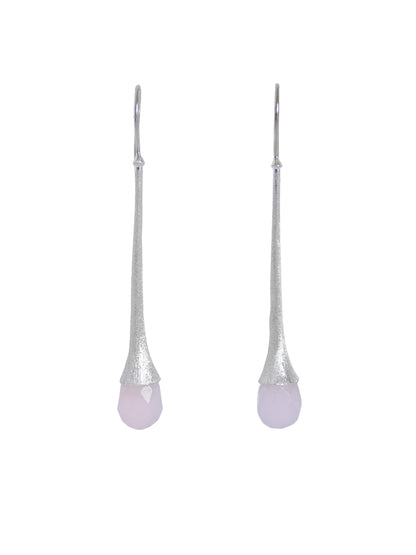 Sabiria's long silver earrings with briolette cut light pink quartz gemstone