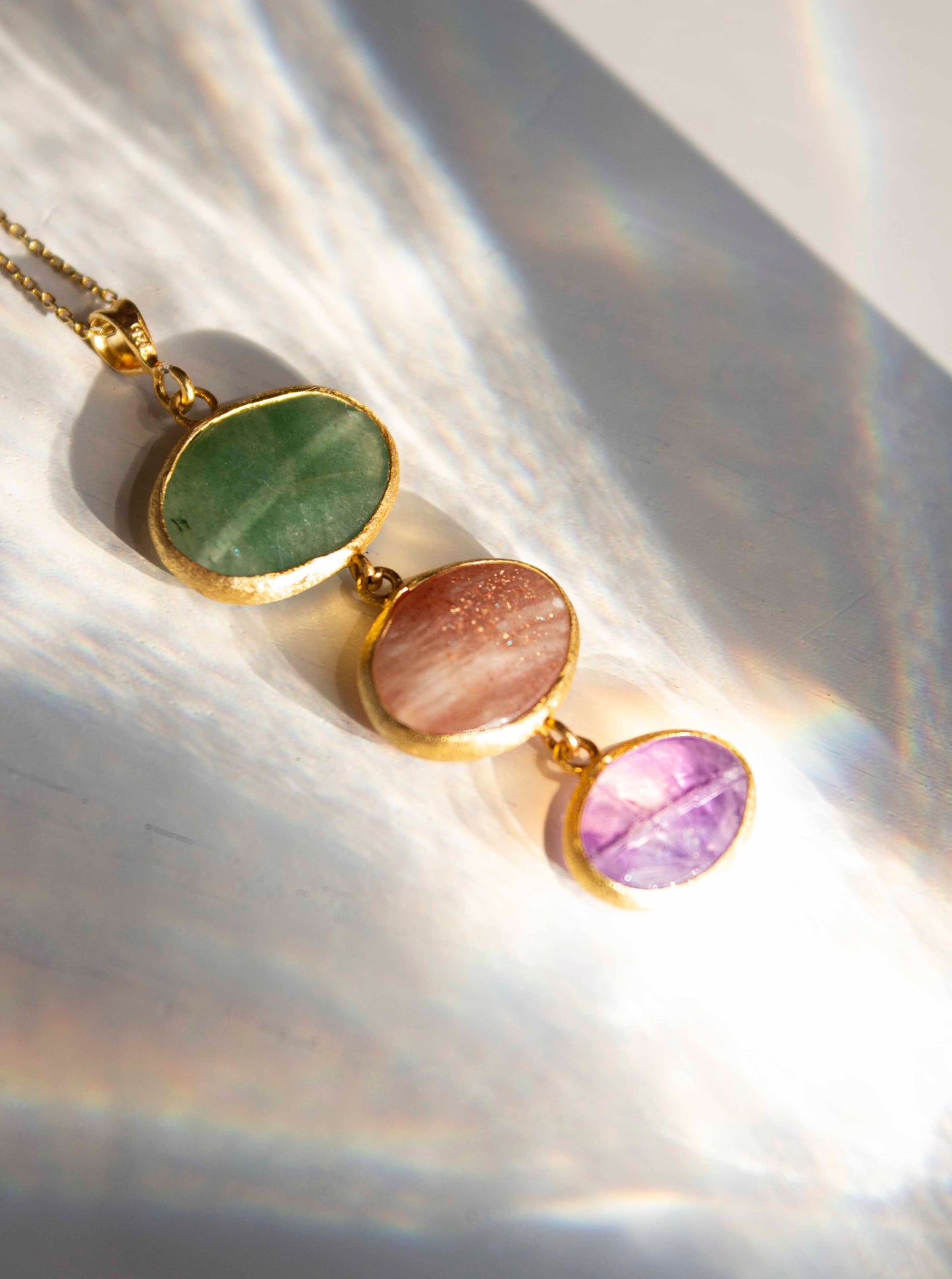 Three graces necklace, green aventurine, pink moonstone, amethyst pendant