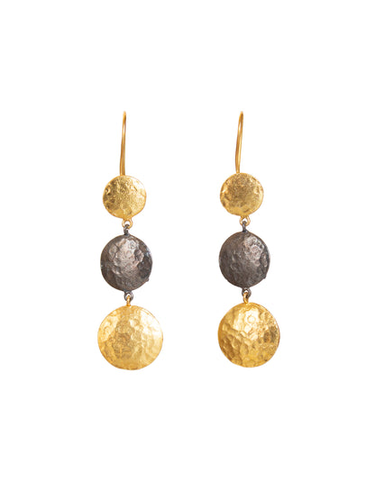 Pendant earrings with connected rounds, gold plated and oxidised on silver