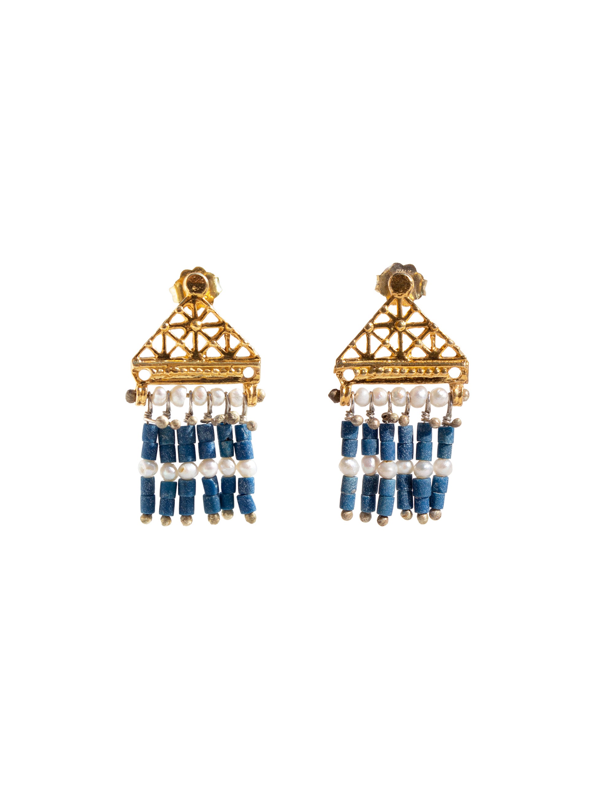 Lapis lazuli and pearl elegant earrings with sun disk binding 