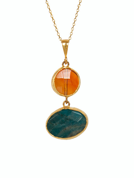 Twin gemstoned necklace with gold framing, Apatite and Agate gemstones