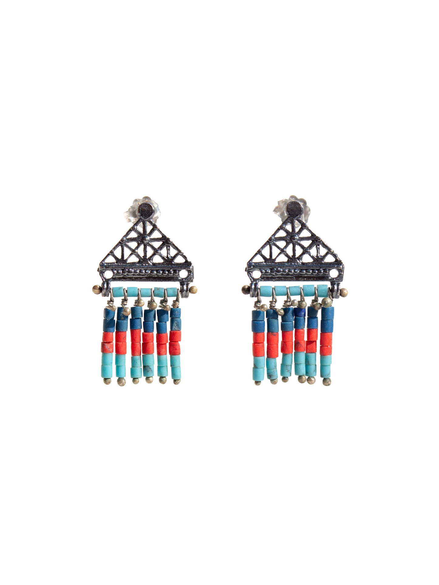 Mythological earrings with coral lapis lazuli and turquoise lining 